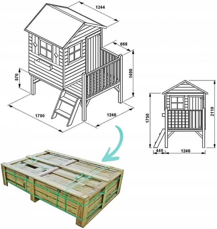 Casita de juegos infantil de jardín 2026 – Casita de juegos exterior para niños – Fabricada en madera de pino cepillada impregnada – Casita de juegos de jardín original y única – Tipo de madera: Pino cepillado