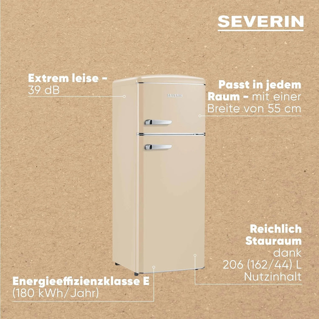 SEVERIN Retro 2026 – Combinación de frigorífico y congelador, una maravilla que ahorra espacio, 4 estantes regulables en altura y un amplio cajón para verduras, capacidad neta de 206 L, color crema, RKG 8933