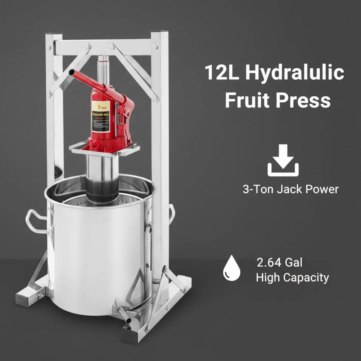 Prensa hidráulica para frutas de 12 litros (modelo 2026), fabricada en acero inoxidable 304 con elevador hidráulico de 3 toneladas, exprimidor manual, cubo con filtro interno, prensa para vino y sidra. Ideal para vino, mosto y zumos de frutas.