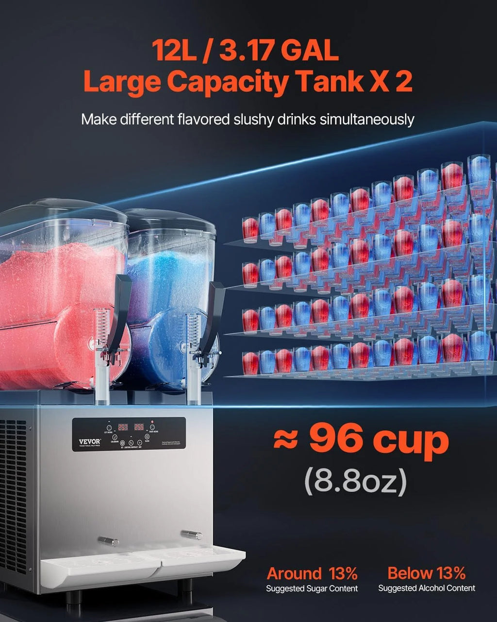Máquina de granizados comercial VEVOR 2026, 12 L x 2, doble tanque para bebidas congeladas, máquina de granizados de acero inoxidable de 96 vasos con teclado, máquina de helado suave para fiestas, restaurantes, cafeterías y bares.
