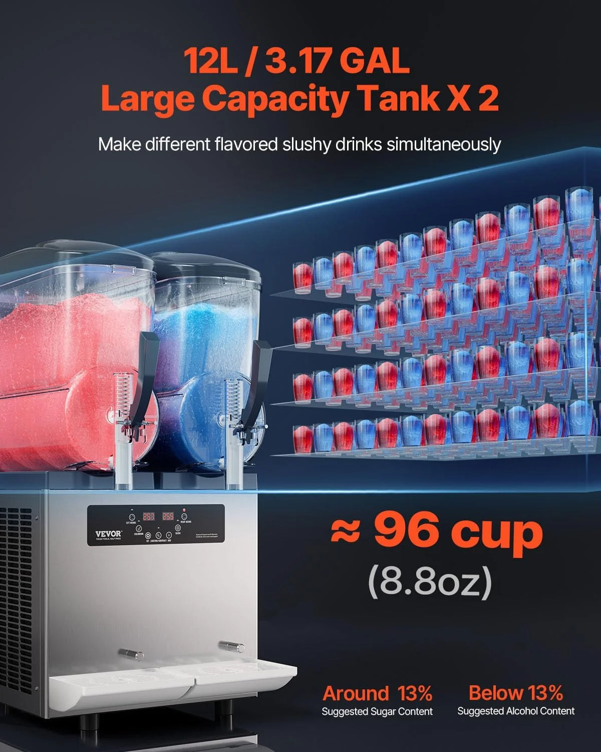 Máquina de granizados comercial VEVOR 2026, 12 L x 2, doble tanque para bebidas congeladas, máquina de granizados de acero inoxidable de 96 vasos con teclado, máquina de helado suave para fiestas, restaurantes, cafeterías y bares.