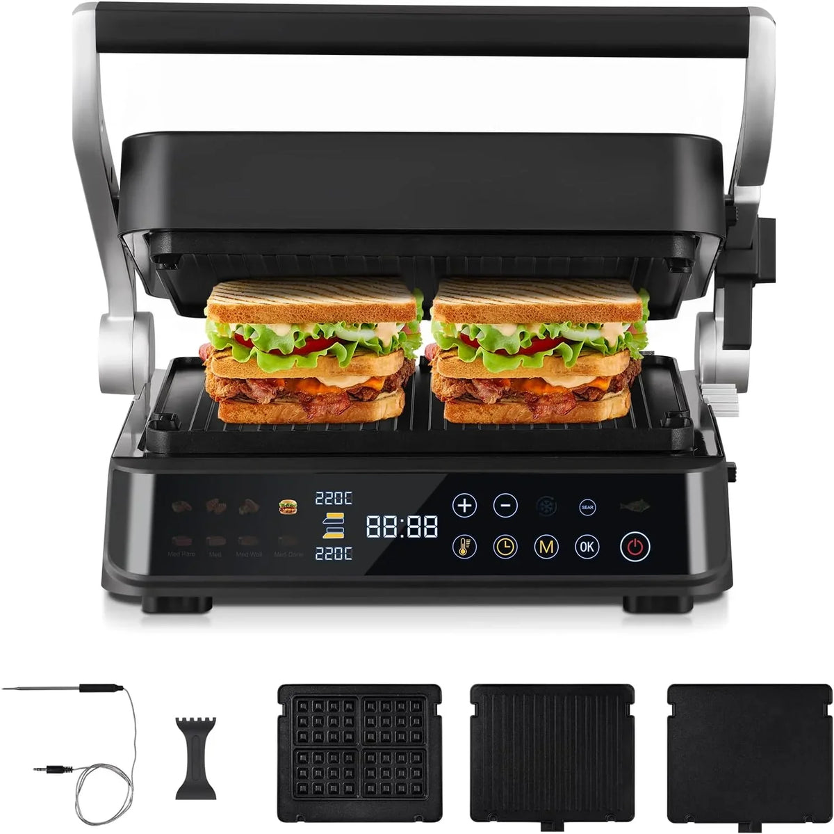 AMZCHEF Parrilla Eléctrica con 6 Programas, Función Sear hasta 280°C, Modo Manual, Sensor de Temperatura, Placas Desmontables y Bandeja para Gofres, Ideal para Carne, Pescado, Paninis y Gofres 2026