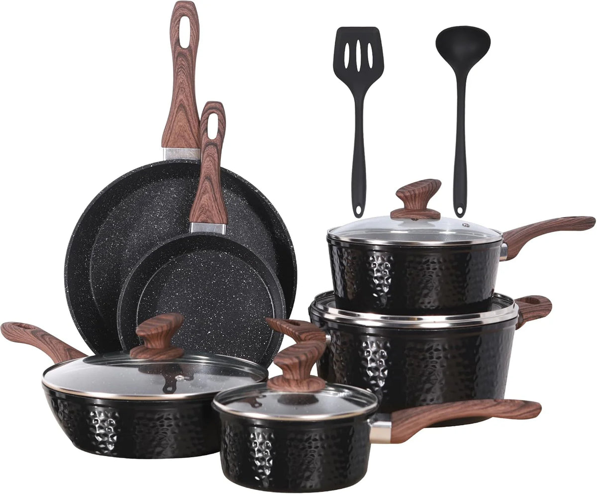 2026 Induction Cookware Sets - 12 Piece Cooking Pan Set, Granite Black Nonstick Pots and Pans Set