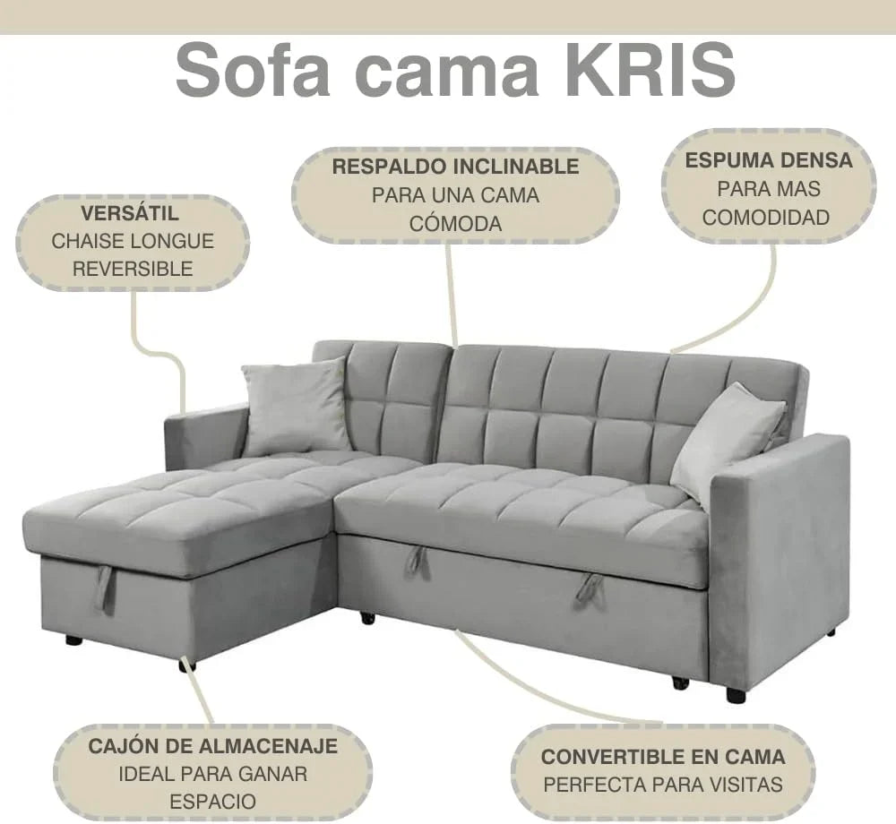 2026 Sofá Cama Chaise Longue 210x145 cm – Chaise Longue Reversible Ambos Lados con Arcón, Sofa Rinconera con Sistema de Arrastre, Armazón de Pino Macizo – Gris Terciopelo