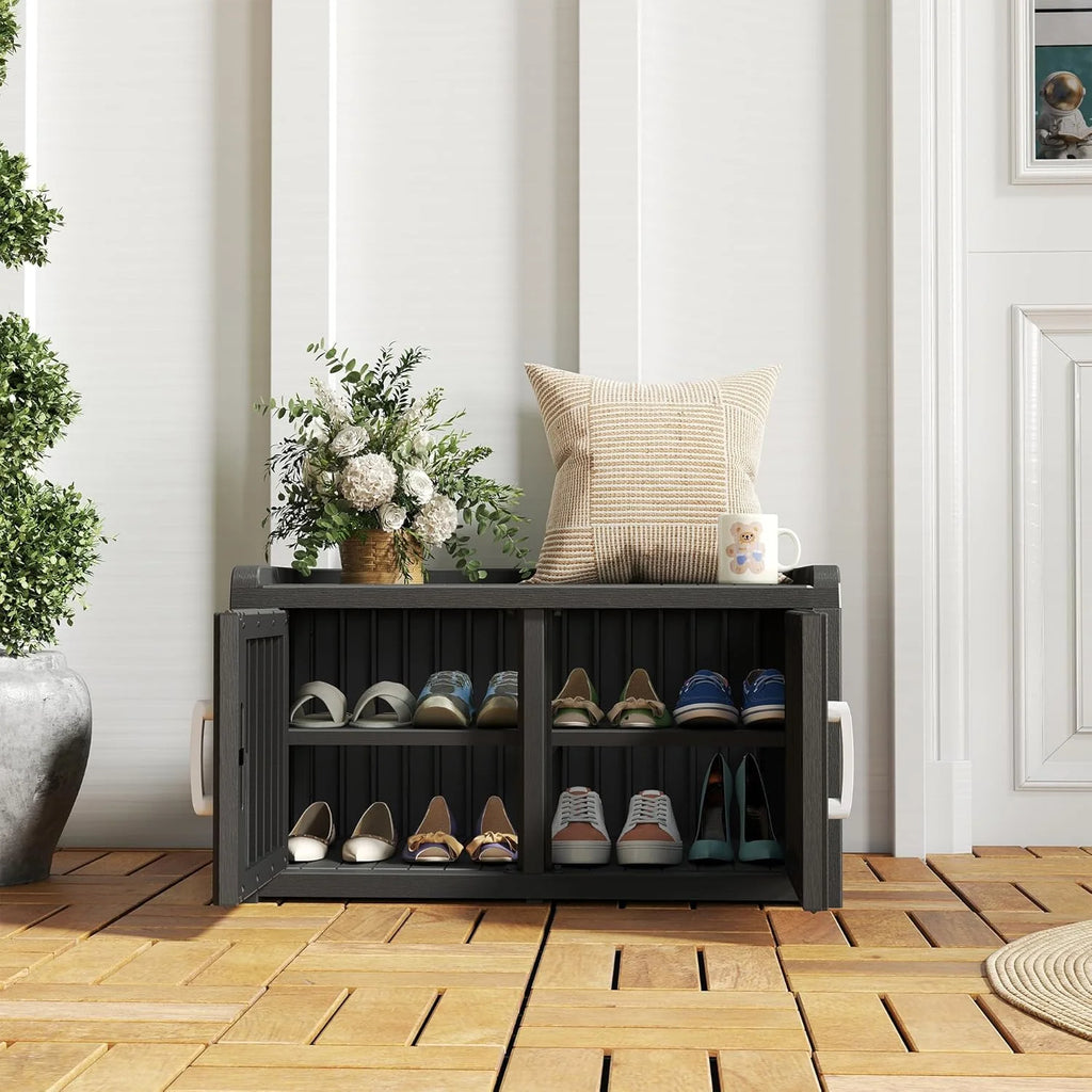 2026 KAMABOKO Outdoor Shoe Storage Cabinet, Waterproof UV-Resistant Entryway Storage Bench Indoor Outdoor with 2 Barn Doors, Adjustable Shelves for Entryway, Bedroom, Hallway,Living Room(Black)