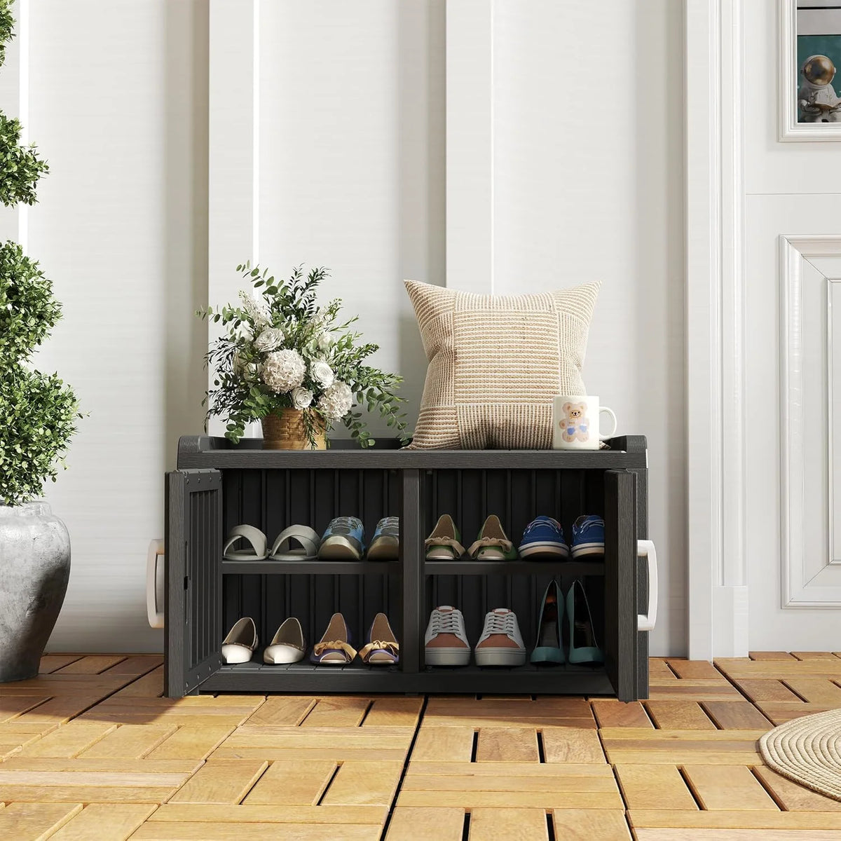 2026 KAMABOKO Outdoor Shoe Storage Cabinet, Waterproof UV-Resistant Entryway Storage Bench Indoor Outdoor with 2 Barn Doors, Adjustable Shelves for Entryway, Bedroom, Hallway,Living Room(Black)