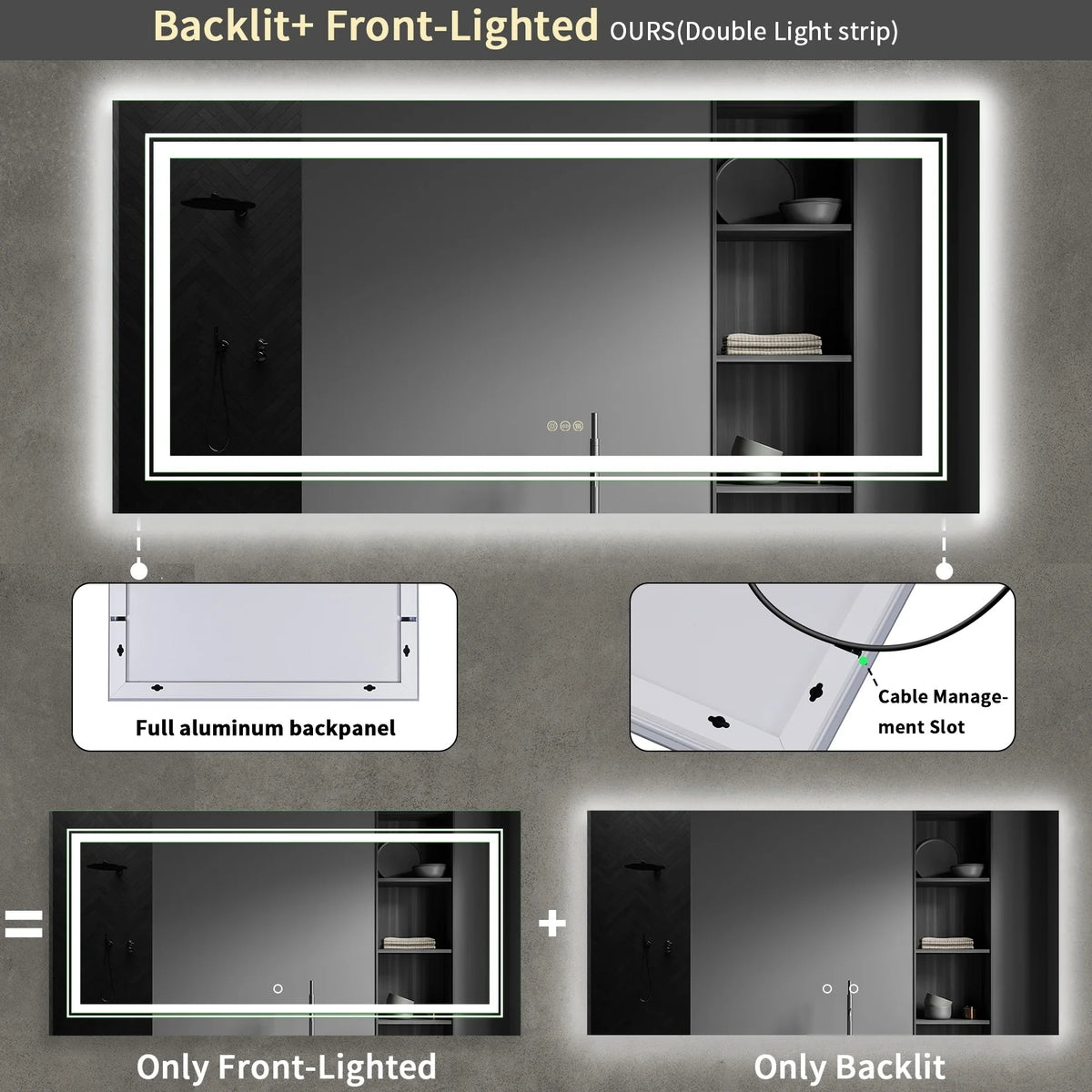 2026 Extra Large LED Lighted Bathroom Mirror, Anti-Fog Wall Mounted Vanity Mirror with 3 Colors
