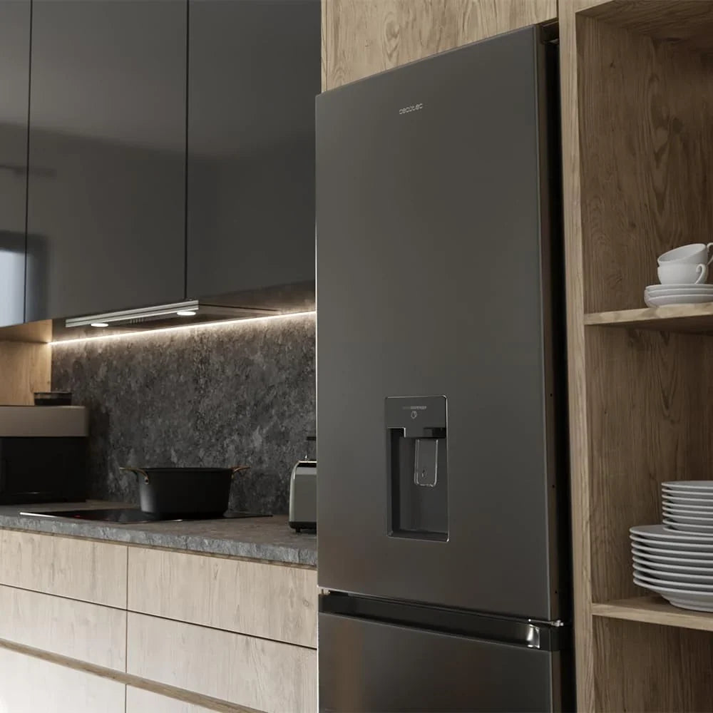 2026 Cecotec Frigorífico Combi 2 Puertas con dispensador de agua Bolero CoolMarket Combi 296 DF WD Dark E. 296L, 60cm de ancho, Funciones FastCooling, FastFreezing y DeFrost, LED interior, Dark Inox