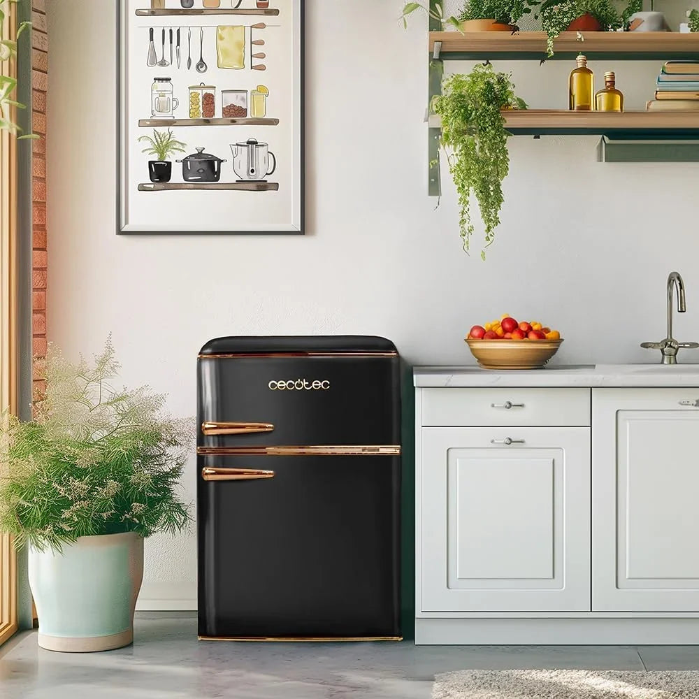 2026 Cecotec Nevera Pequeña Frigorífico 2 Puertas Retro 86L Bolero CoolMarket 2D Origin 86 Black E. 89,3cm de Alto y 48,7cm de Ancho, Clase Energética E, Icebox, Luz Interior y Tirador Cromado, Negro
