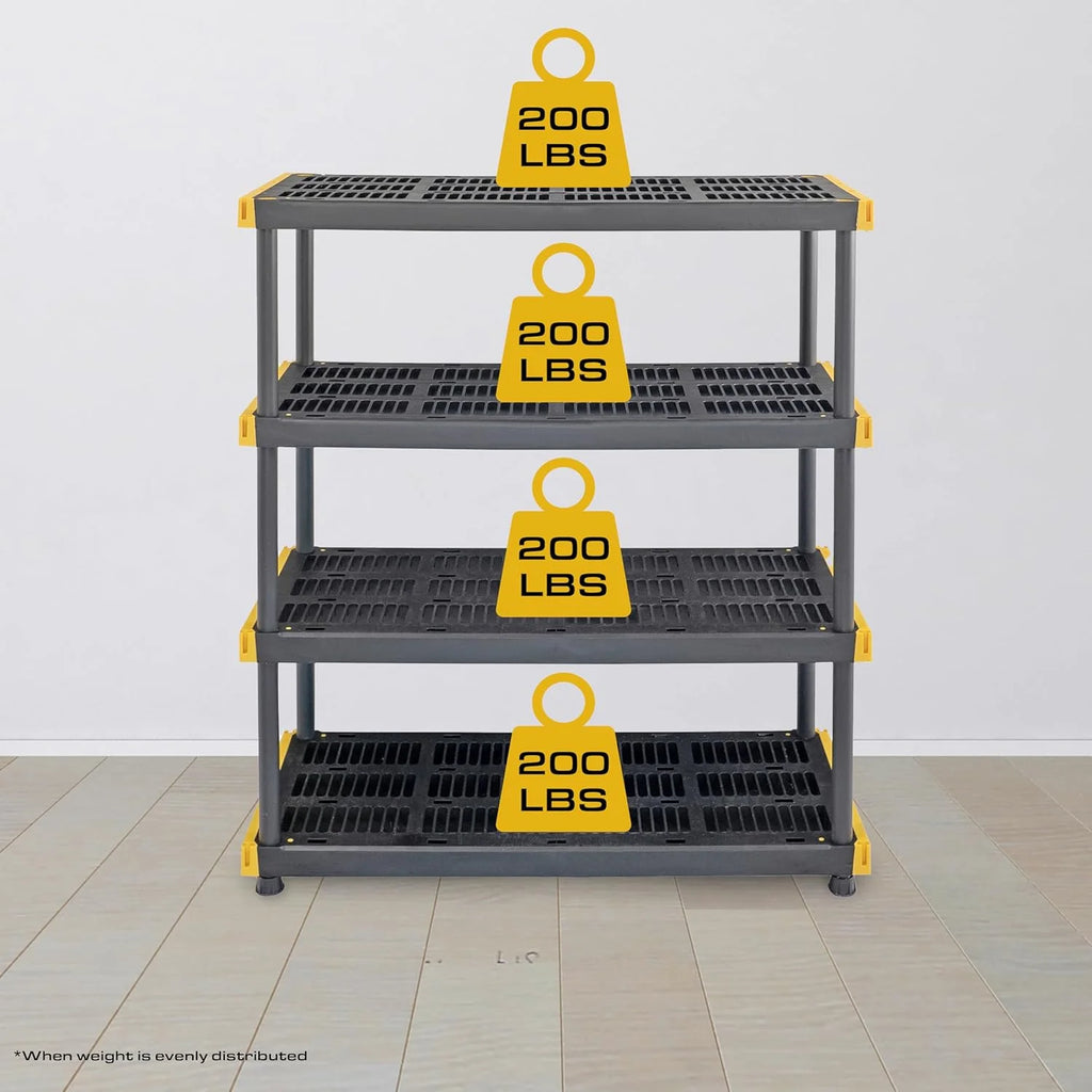 2026 TDUKDB Black and Yellow, 4-Tier Heavy Duty Plastic Storage Shelving Unit, 200lbs/shelf (55-H x 48-W x 20-D), for Indoor/Outdoor Organization, Modular Rack