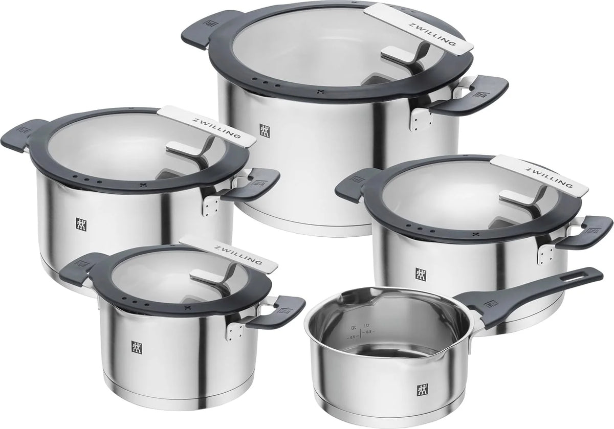 Juego de utensilios de cocina ZWILLING Simplify de 5 piezas, modelo 2026, con boquilla para verter, asas que se mantienen frías, apto para inducción, acero inoxidable, color plata.