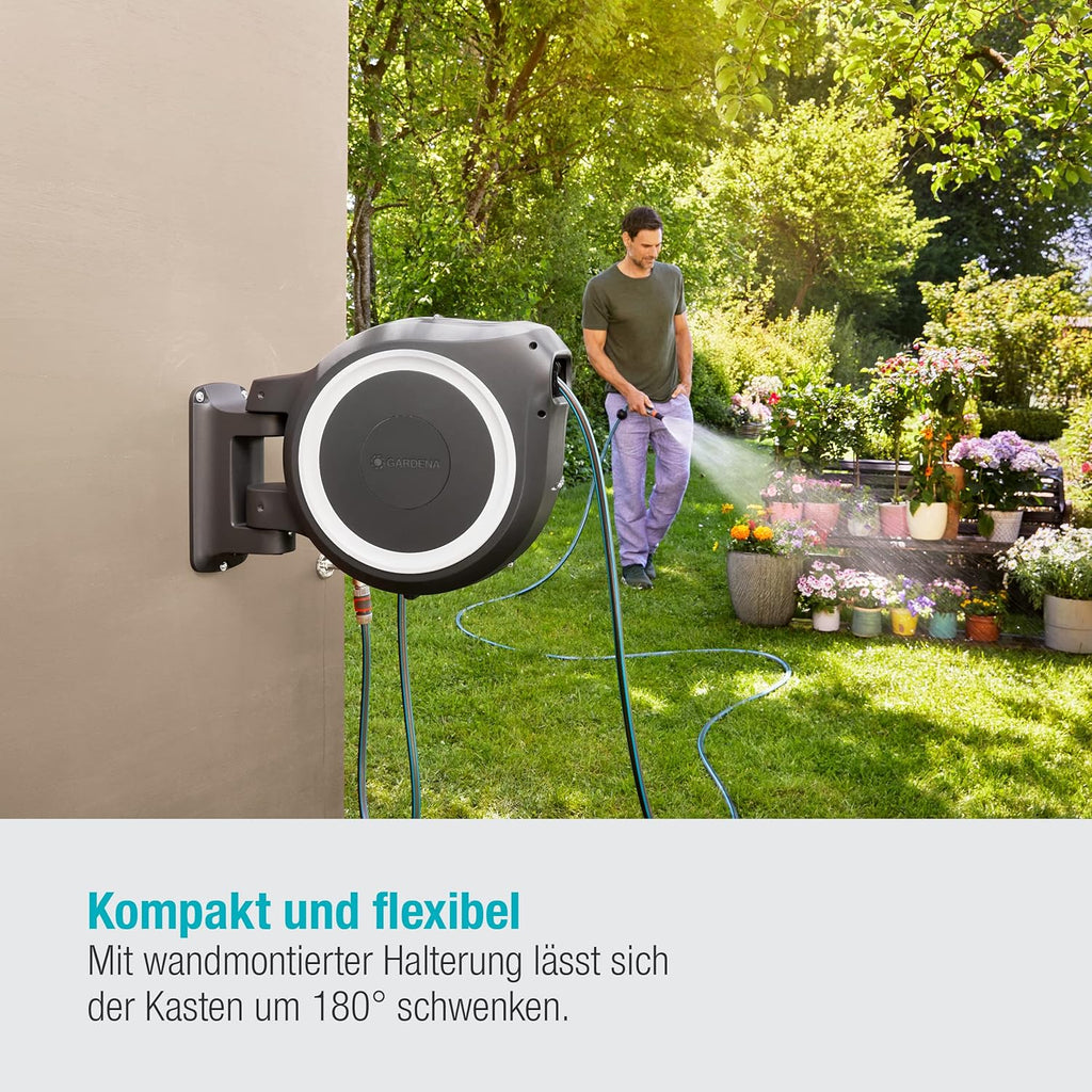 Caja enrollable para manguera Gardena de pared 2026 M/L (blanca) 25 m: riego flexible para jardines medianos y grandes, caja para manguera giratoria, incluye manguera Gardena de calidad de 25 m y accesorio de montaje (18622 – 20).