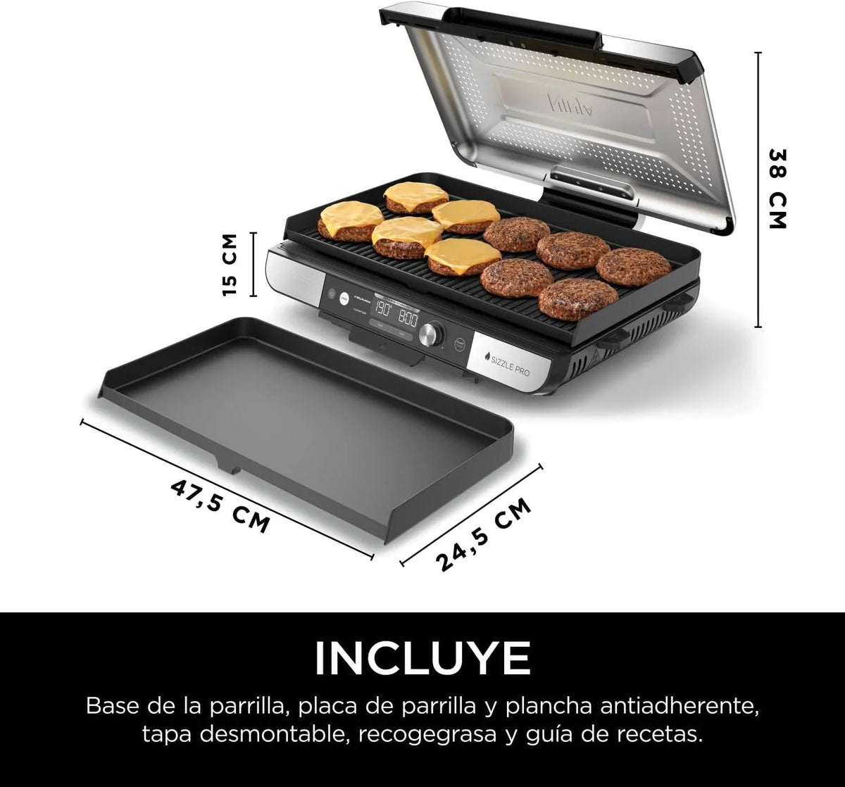 Parrilla y plancha de interior Ninja Sizzle Pro XL con placa y plancha de cerámica antiadherente, tapa desmontable, recolector de grasa y guía de recetas, plata/negro GX101EU 2026