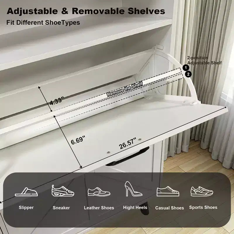 2026 Zapatero de 4 puertas abatibles con cajones y estantes ajustables – Capacidad para 32 pares