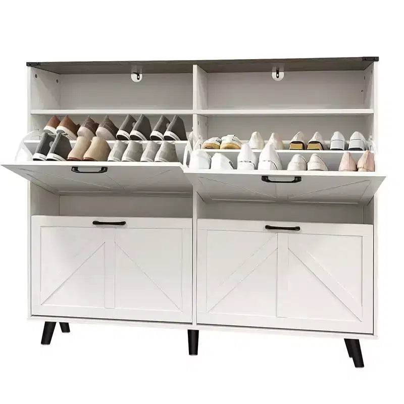 2026 Zapatero de 4 puertas abatibles con cajones y estantes ajustables – Capacidad para 32 pares
