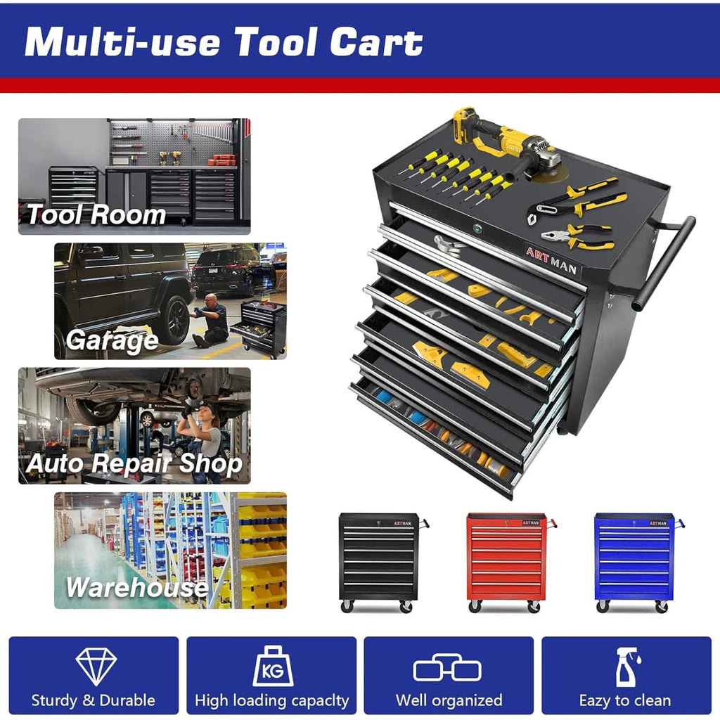 2026 POVANLI  7-Drawer Rolling Tool Chest with Wheels Multifunctional Tool Chest Portable Tool Storage Cabinet with Locking System for Garage Workshop Warehouse Repair Shop