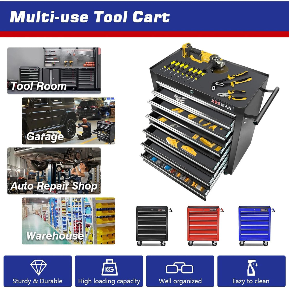 2026 POVANLI  7-Drawer Rolling Tool Chest with Wheels Multifunctional Tool Chest Portable Tool Storage Cabinet with Locking System for Garage Workshop Warehouse Repair Shop