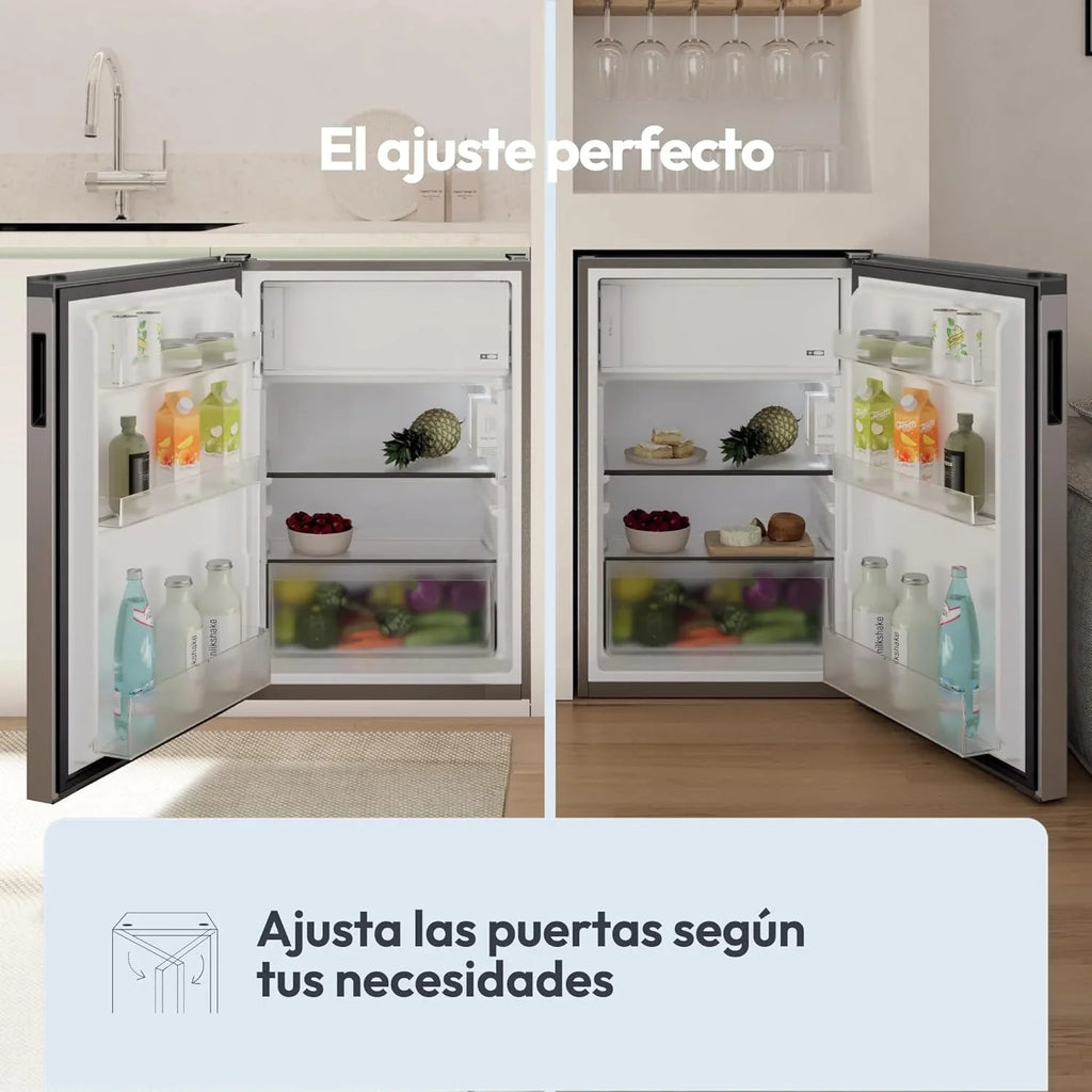 2026 Candy CNOQ2S58EX, Frigorífico Mini con Congelador, Ancho x Alto 54,5 x 85cm, 129L, 2 Estantes, 3 Balconeras, 1 Cajón, Control Mecánico de la temperatura, Iluminación LED, Altura Ajustable, 37DB, Inox