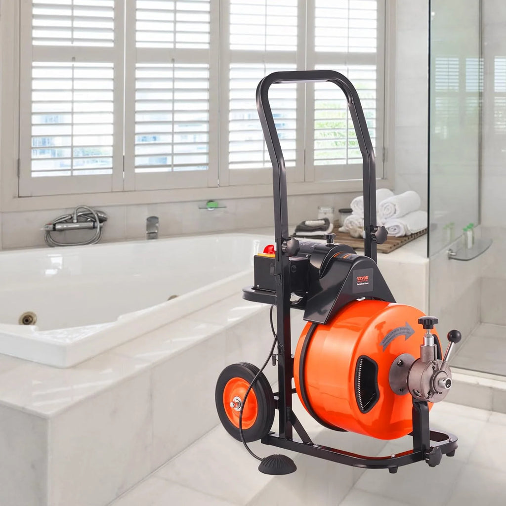 2026 Drain Cleaner Machine 100FT x 1/2Inch, Auto Feed Sewer Snake Auger with 4 Cutter & Air-activated Foot Switch for 1" to 4" Pipes, Orange, Black