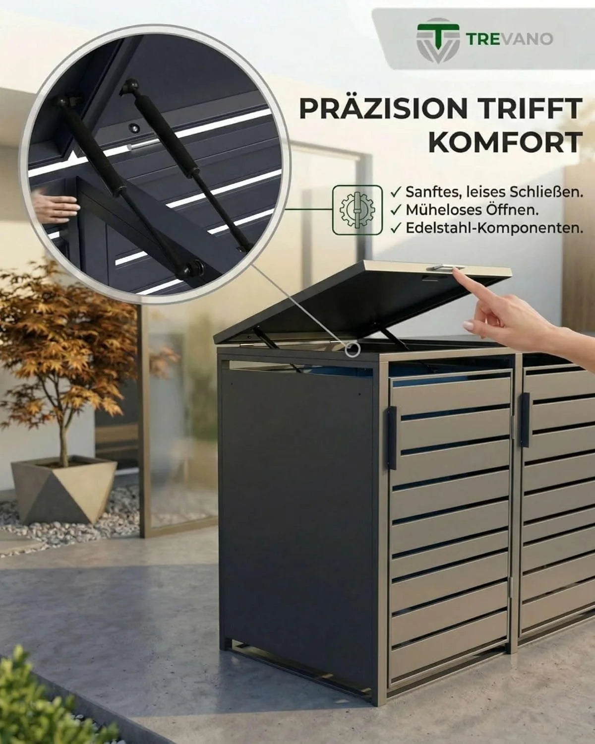 Caja para contenedores TREVANO de 3 compartimentos y 240 L (modelo 2026) – Tapa color antracita – Estructura de acero resistente – Cajas impermeables para 3 contenedores – Capacidad: 120 – 240 L