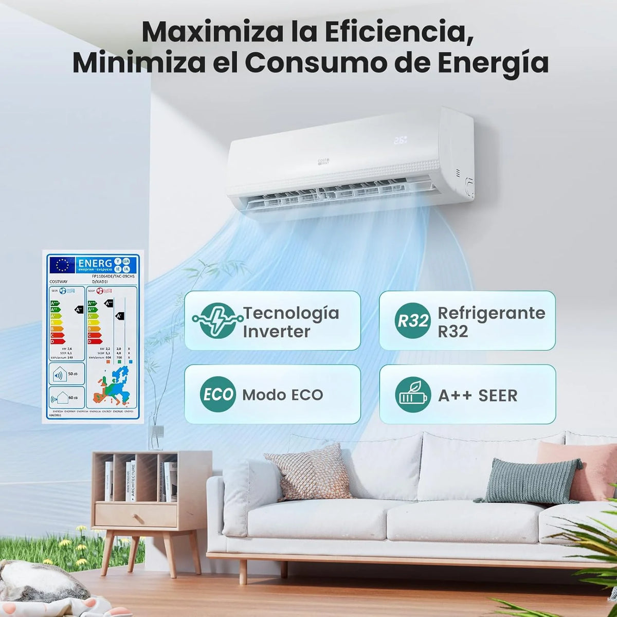 COSTWAY Aire Acondicionado Split, 2,6 kW, Aire Acondicionado con Calefacción con Bomba de Calor,Refrigerante: R32, Calefactor y Refrigerador con Kit de Instalación para Habitación hasta 70m³ (9000BTU) 2026