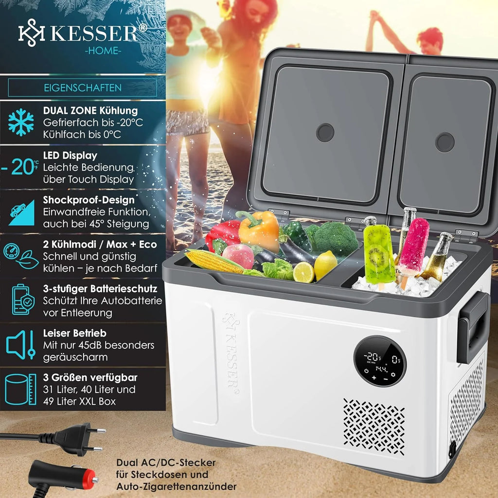 Nevera portátil KESSER 2026 con compresor, 2 en 1, doble zona de refrigeración y congelación, con congelador eléctrico, 2 acumuladores de frío y control táctil LED | Refrigerador con capacidad de enfriamiento hasta – 20 °C para camping, coche y