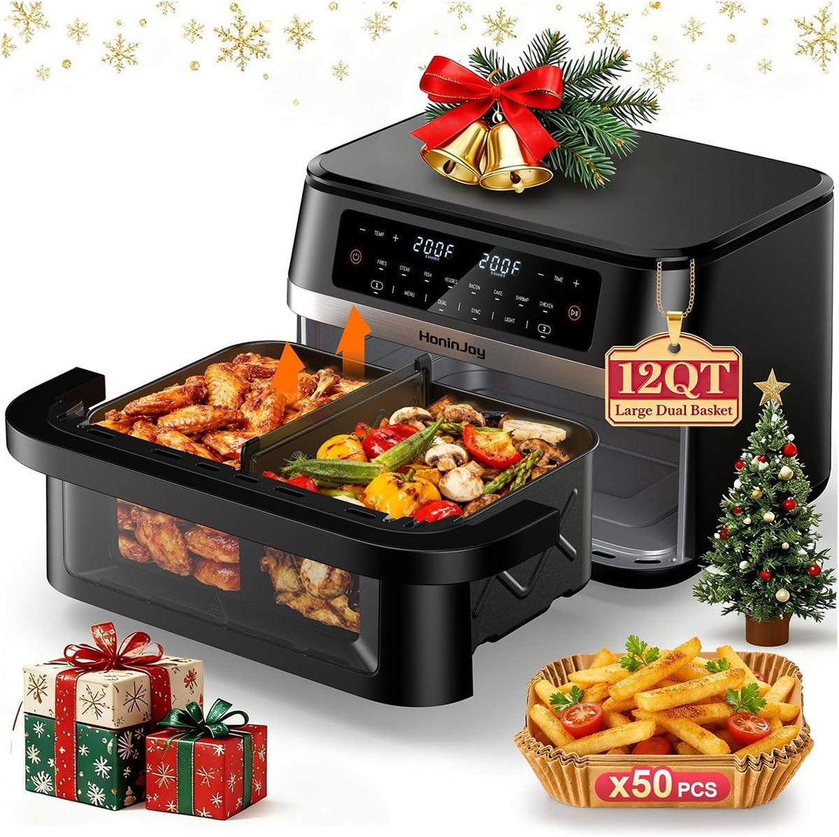 2026 12QT 12-in-1 Dual Air Fryer with Flex Basket & 50PCS Paper Liners