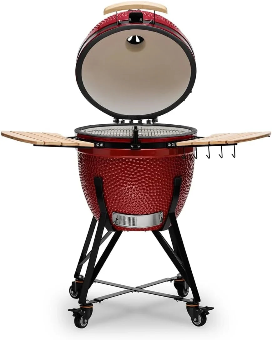 2026 Kamado BONO BBQ – Barbacoa Grande XXL con 10 accesorios – Ø 59 cm Kamado Barbacoa con Accesorios – Parrilla ahumador rojo en la terraza, balcón o jardín