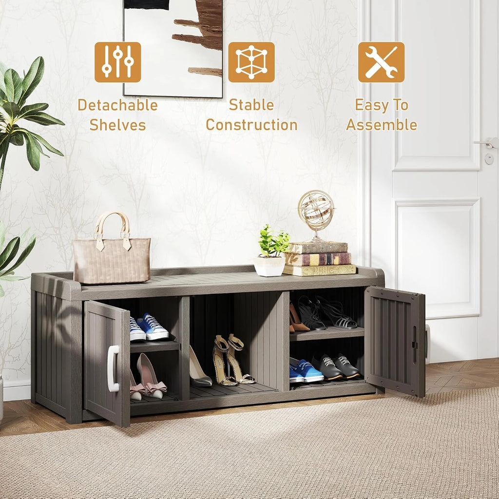 2026 KAMABOKO Outdoor Shoe Storage Cabinet, Waterproof UV-Resistant Entryway Storage Bench Indoor Outdoor with 2 Barn Doors, Adjustable Shelves for Entryway, Bedroom, Hallway,Living Room(Black)