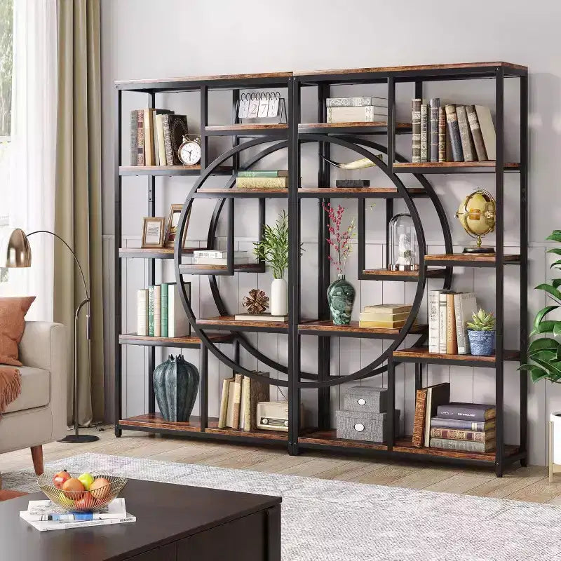 2026 Librería de 5 niveles de 175 cm – Diseño geométrico en forma de media luna, marrón y negro.