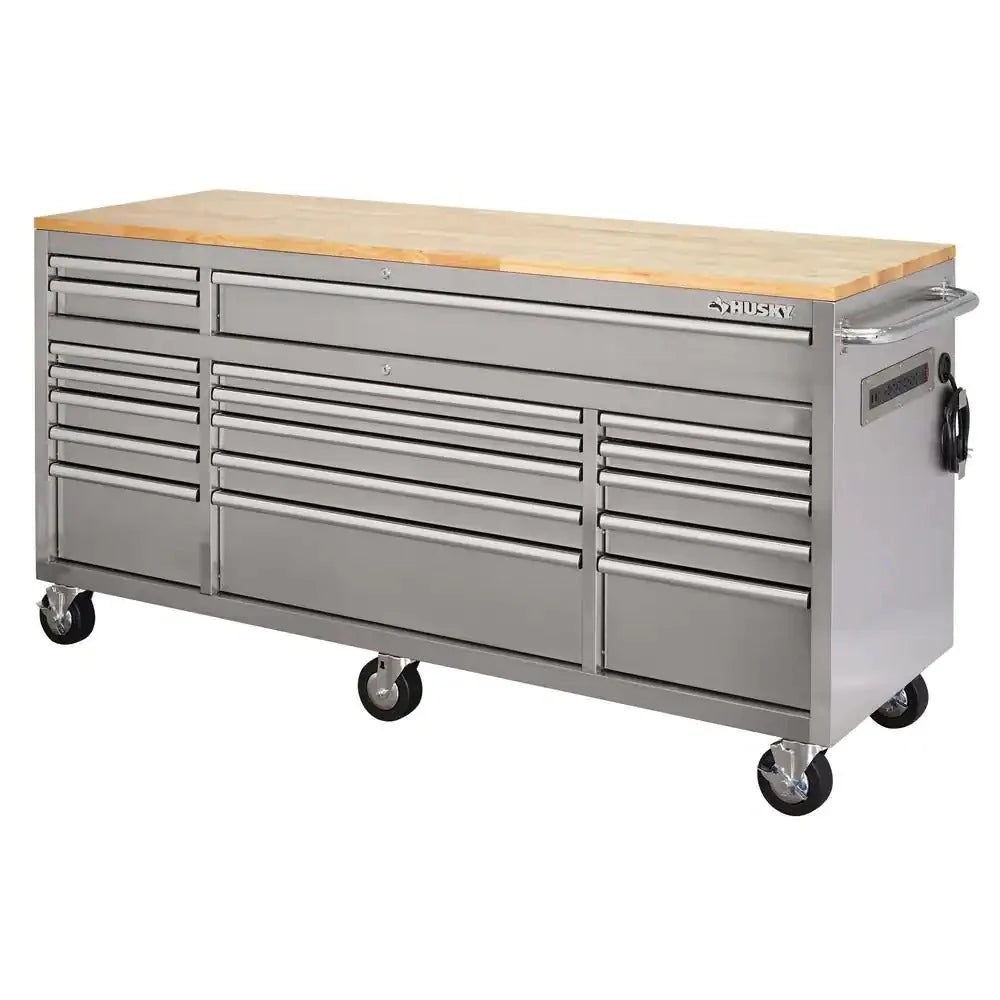 2026 72 in 18-Drawer 24 in. D Mobile Workbench with Solid Wood Top Stainless Steel