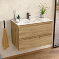 2026 BELLOBATH – Mueble Baño Suspendido con Lavabo de Cerámica, Mueble Baño con Lavabo Montado con 2 Cajones, 80 x 55 x 46 cm, Mueble Roble