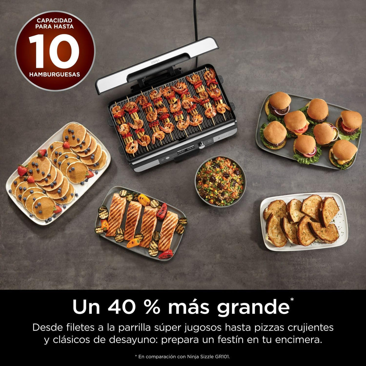 Parrilla y plancha de interior Ninja Sizzle Pro XL con placa y plancha de cerámica antiadherente, tapa desmontable, recolector de grasa y guía de recetas, plata/negro GX101EU 2026