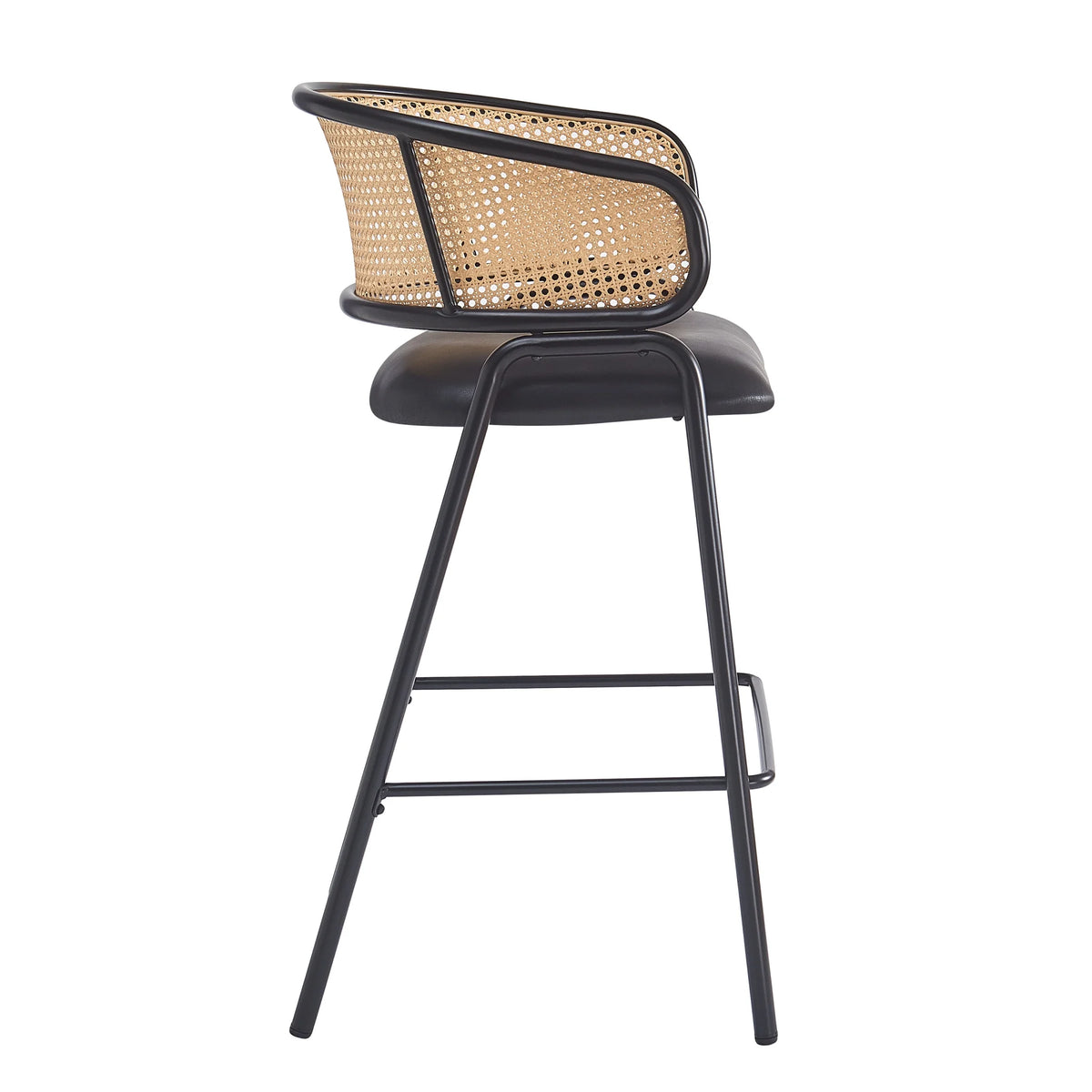 2026 Christopher Knight Home 29.5" PU Upholstered Bar Stool with Woven Rattan Backrest & Iron Frame, Black, Set of 2