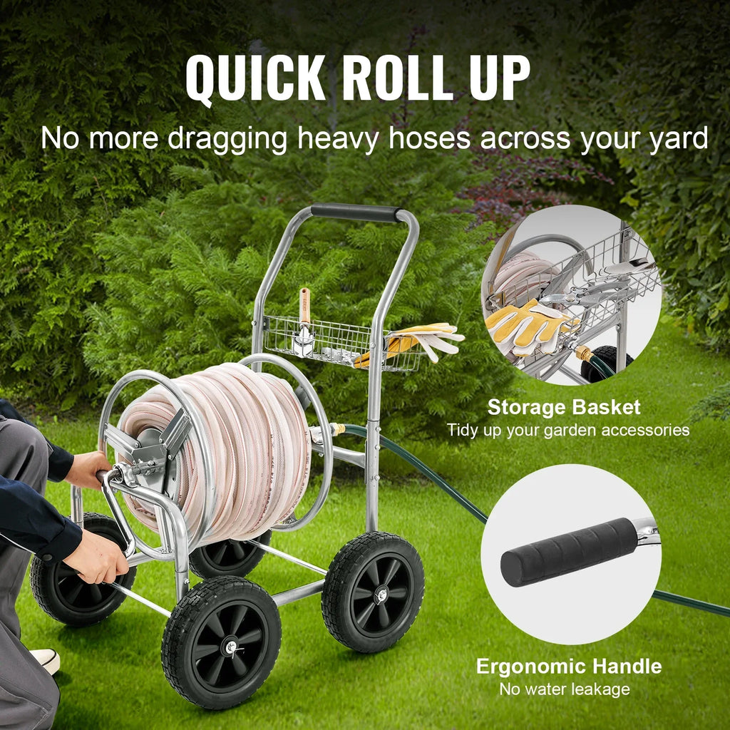 2026 VEVOR Hose Reel Cart, Hold Up to 250 ft of 5/8���� Hose, Garden Water Hose Carts Mobile Tools with 4 Wheels, Heavy Duty Powder-coated Steel Outdoor Planting with Storage Basket, for Garden, Yard, Lawn