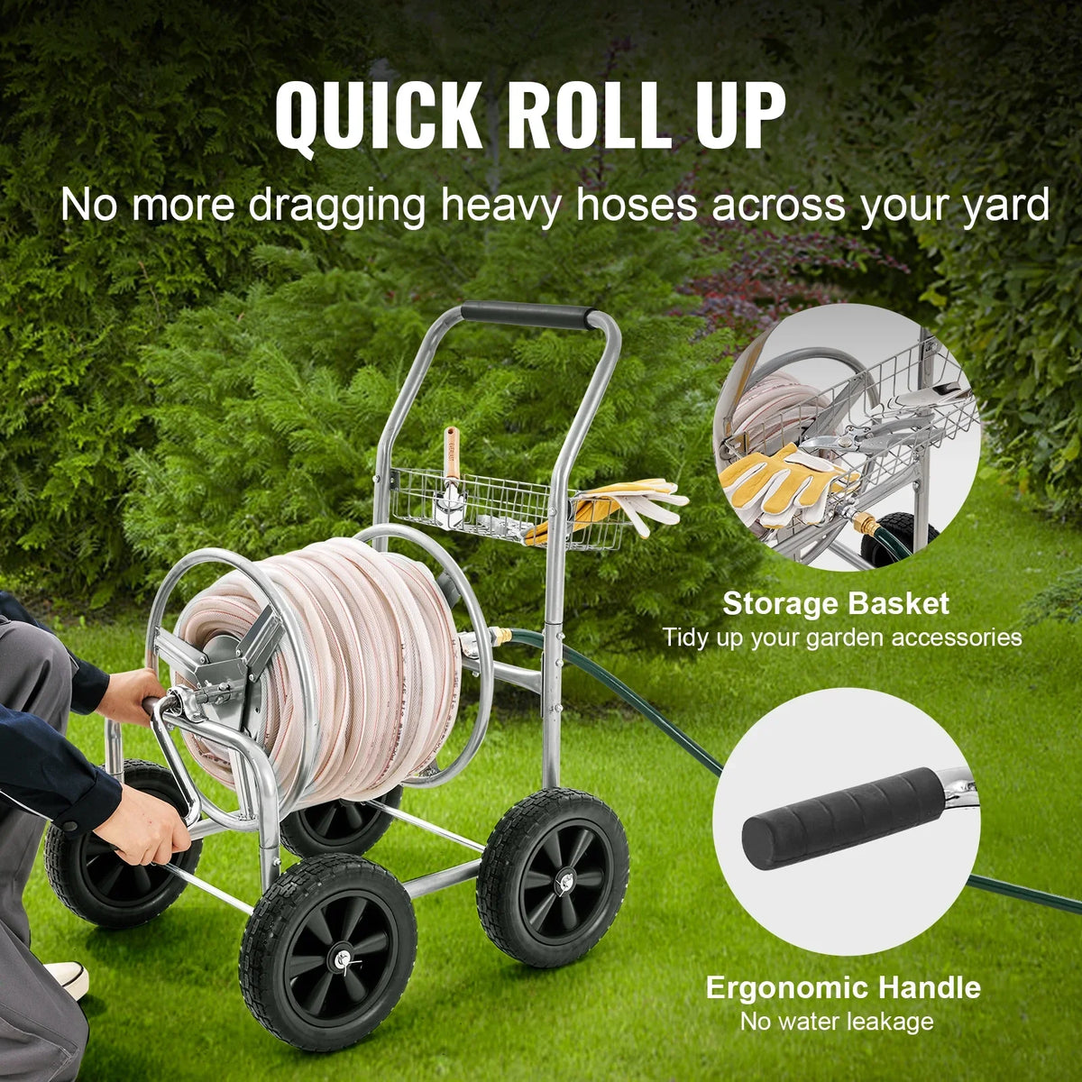 2026 VEVOR Hose Reel Cart, Hold Up to 250 ft of 5/8���� Hose, Garden Water Hose Carts Mobile Tools with 4 Wheels, Heavy Duty Powder-coated Steel Outdoor Planting with Storage Basket, for Garden, Yard, Lawn