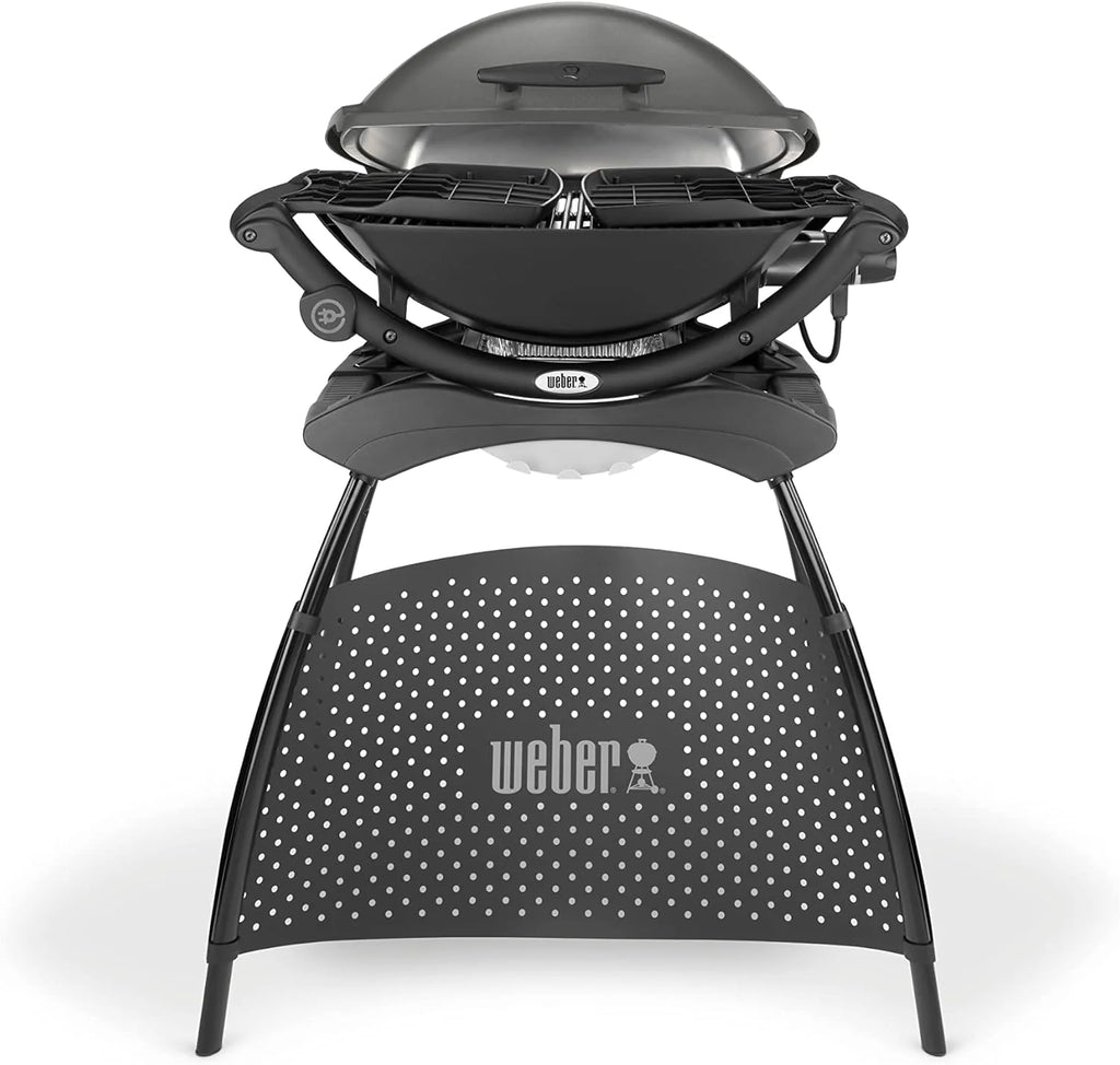 Parrilla eléctrica Weber Q2400 de 2026 con soporte y mesas laterales, superficie de cocción de 54 x 39 cm, portátil, rejilla de cocción de hierro fundido esmaltado en porcelana de 2 piezas, tapa y carcasa de aluminio fundido – Gris oscuro (55020879)
