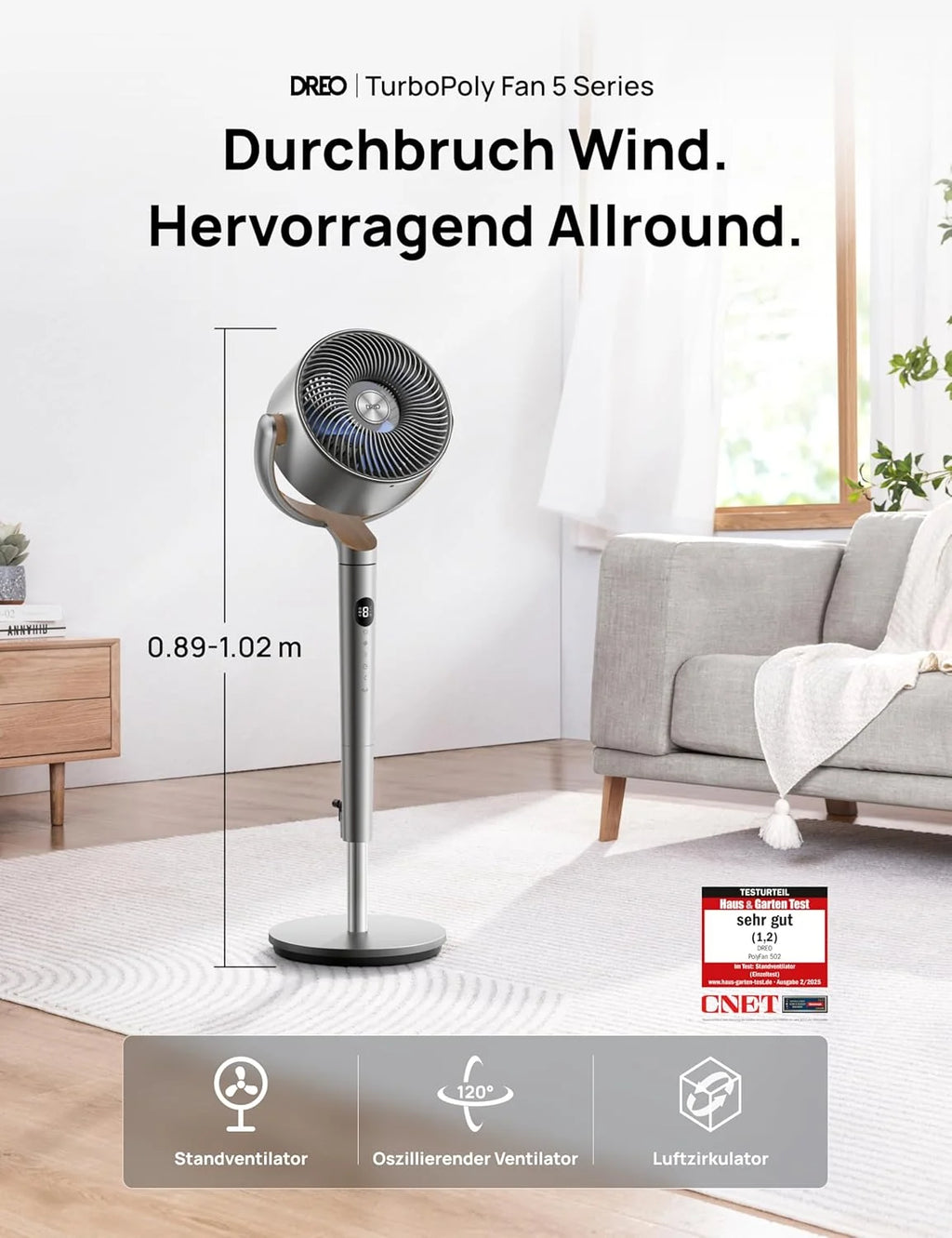 Ventilador de pedestal silencioso Dreo 2026 de 20 dB, oscilante omnidireccional de 120°+120°, alcance del viento de 26 m, caudal de aire de 1200 m³/h, circulador de aire turbo real, altura de 102 cm, 3 modos, 8 velocidades.