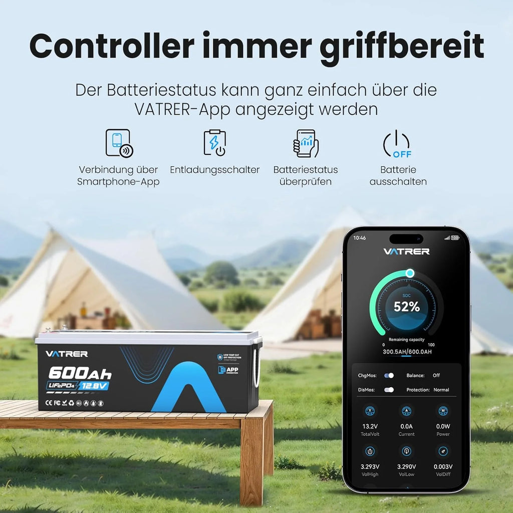 Batería de litio LiFePO4 de 12 V y 600 Ah (modelo 2026) con monitorización mediante aplicación, BMS de 300 A, protección contra altas y bajas temperaturas y una potencia máxima de 3840 W para vehículos recreativos, energía solar, embarcaciones
