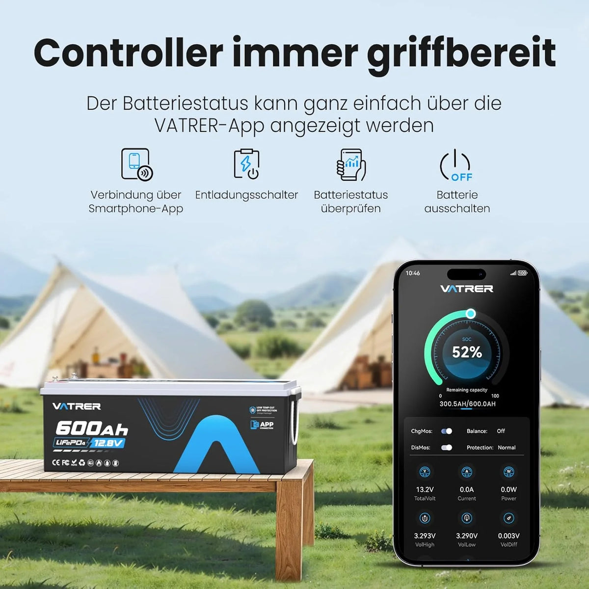 Batería de litio LiFePO4 de 12 V y 600 Ah (modelo 2026) con monitorización mediante aplicación, BMS de 300 A, protección contra altas y bajas temperaturas y una potencia máxima de 3840 W para vehículos recreativos, energía solar, embarcaciones