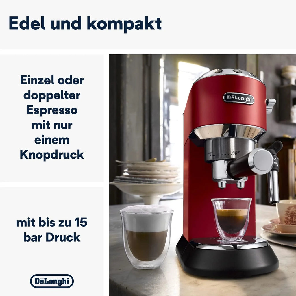 Cafetera espresso De'Longhi Dedica Style EC 685.M de 2026 con portafiltro, espumador de leche profesional, solo 15 cm de ancho, para café molido o cápsulas ESE, depósito de agua de 1 l, color plata.