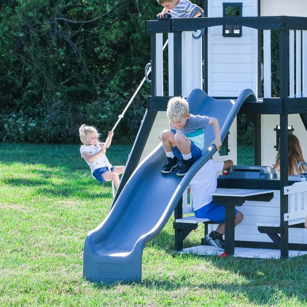 2026 Canyon Creek Cedar Wood Swing Set with Wave Slide, Clubhouse, Play Kitchen, Picnic Area, Belt Swings, Web Swing, Rock Wall, Balconies, Playhouse, Step Ladder, Outdoor Playset