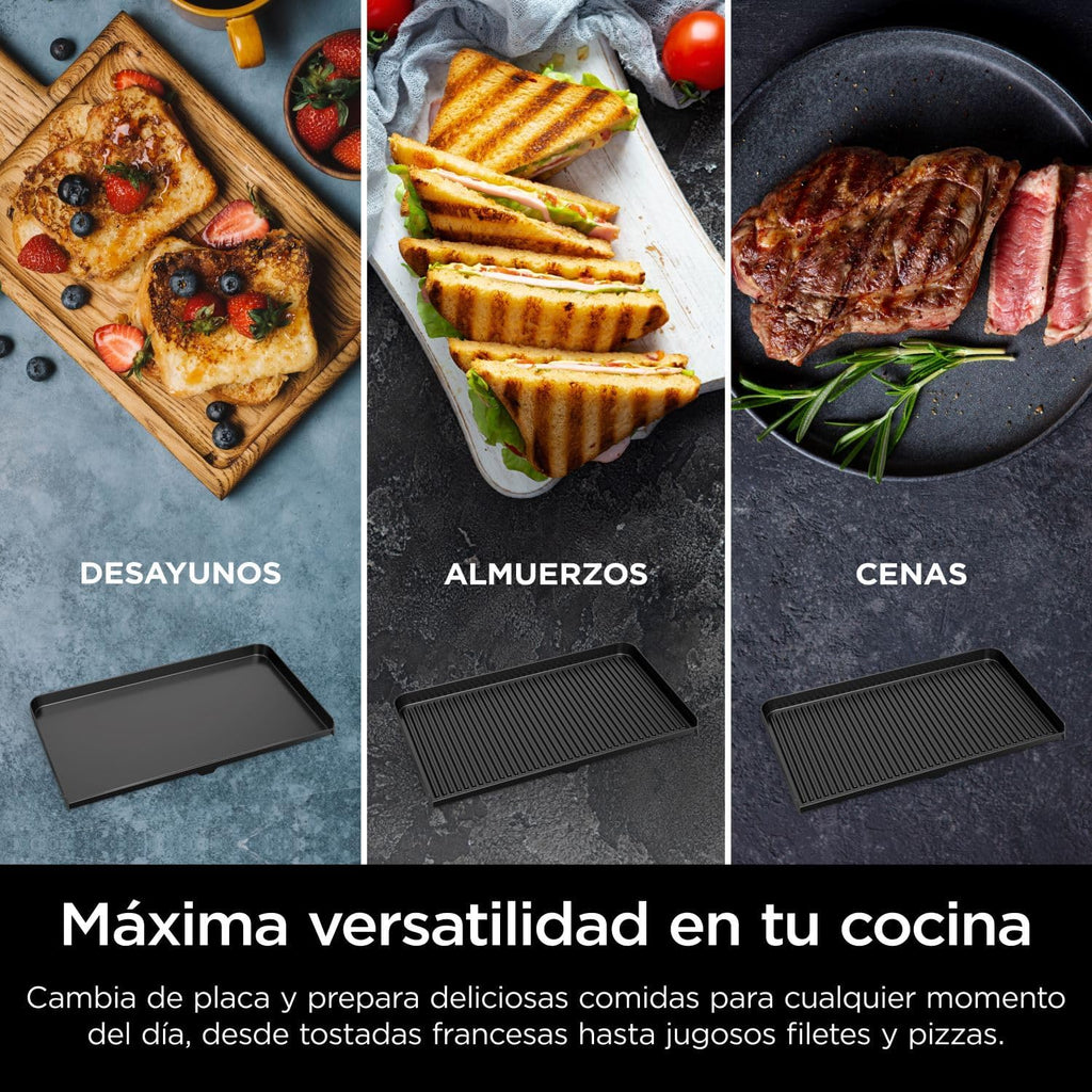Parrilla y plancha de interior Ninja Sizzle Pro XL con placa y plancha de cerámica antiadherente, tapa desmontable, recolector de grasa y guía de recetas, plata/negro GX101EU 2026
