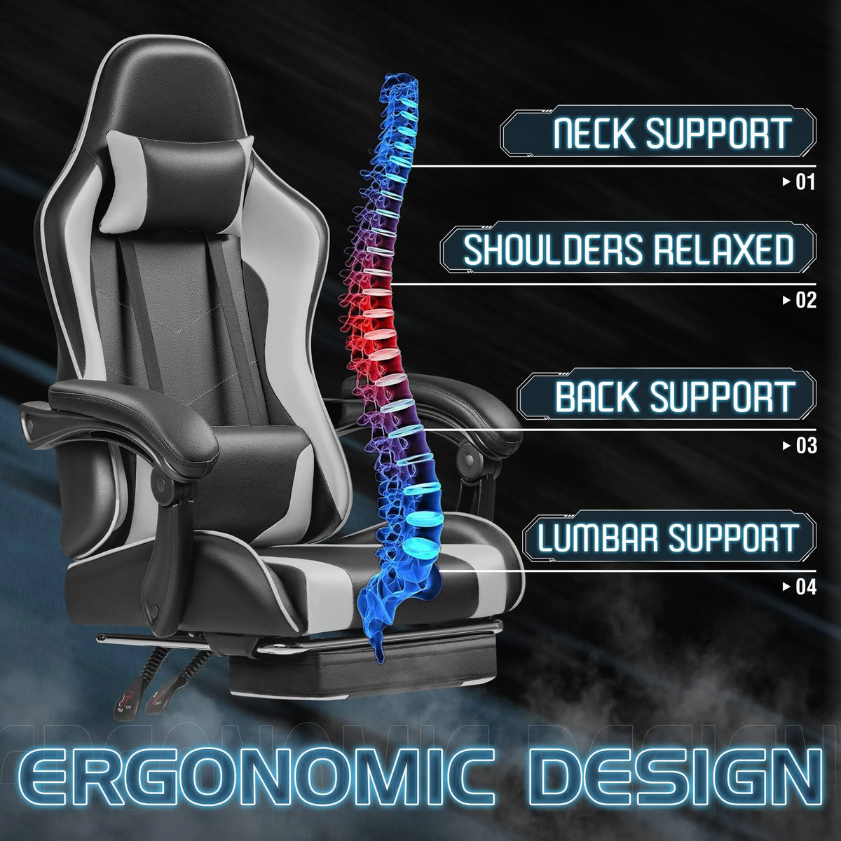 2026 Ergonomic Gaming Chair with Footrest and Massage Support, Reclining Computer Chair for Gaming Room and Home Office