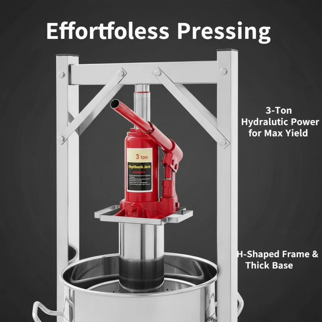 Prensa hidráulica para frutas de 12 litros (modelo 2026), fabricada en acero inoxidable 304 con elevador hidráulico de 3 toneladas, exprimidor manual, cubo con filtro interno, prensa para vino y sidra. Ideal para vino, mosto y zumos de frutas.