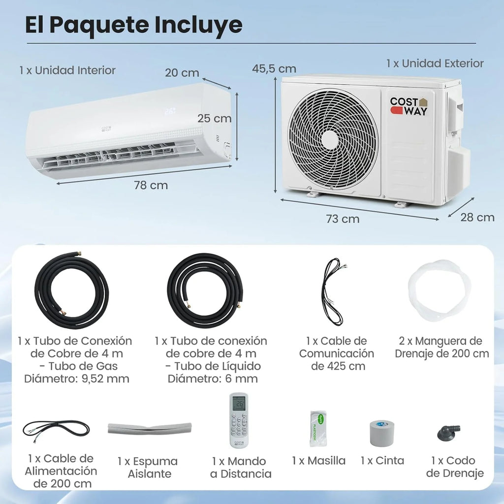 COSTWAY Aire Acondicionado Split, 2,6 kW, Aire Acondicionado con Calefacción con Bomba de Calor,Refrigerante: R32, Calefactor y Refrigerador con Kit de Instalación para Habitación hasta 70m³ (9000BTU) 2026