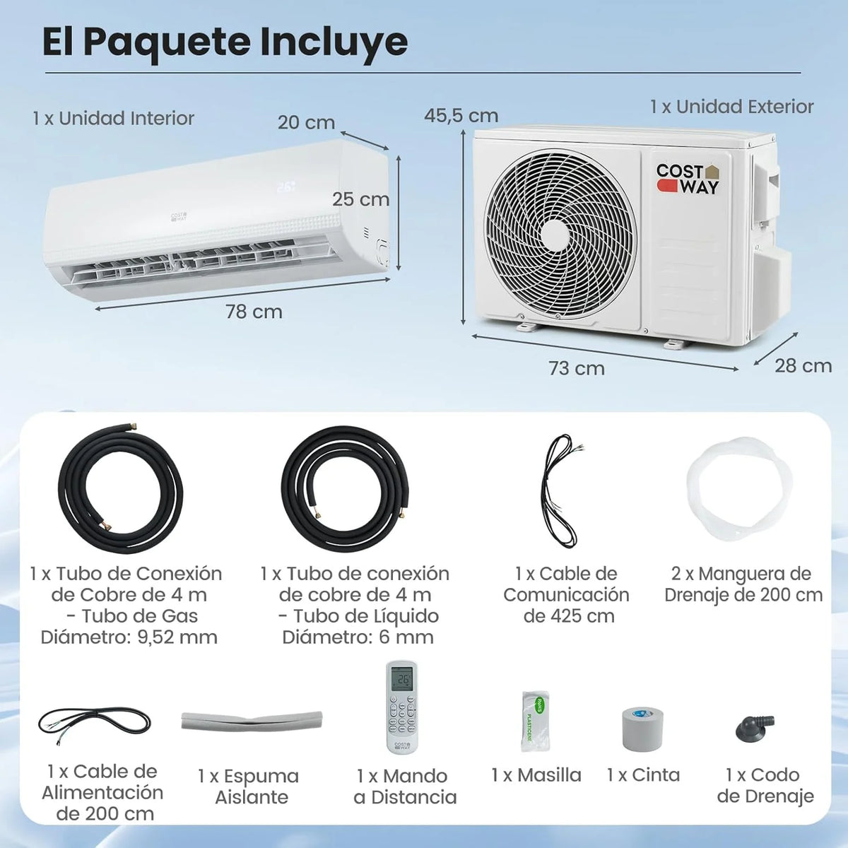 COSTWAY Aire Acondicionado Split, 2,6 kW, Aire Acondicionado con Calefacción con Bomba de Calor,Refrigerante: R32, Calefactor y Refrigerador con Kit de Instalación para Habitación hasta 70m³ (9000BTU) 2026