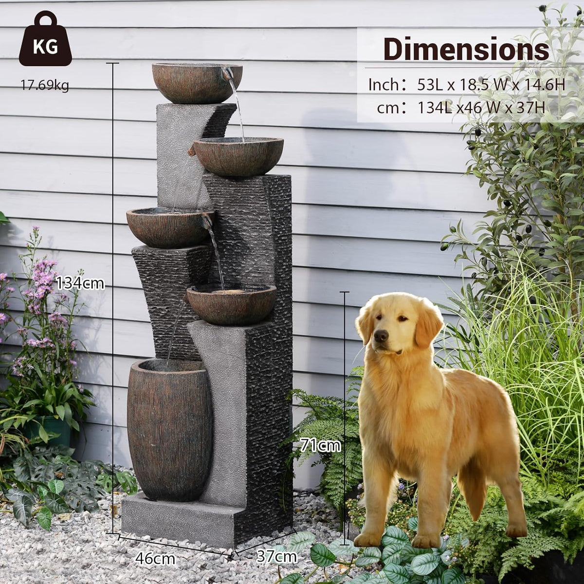 Fuente de jardín grande Bumilgar 2026, fuente exterior con iluminación LED, cascada de 5 niveles, ideal para jardín, balcón o terraza, 134 x 46 x 37 cm.