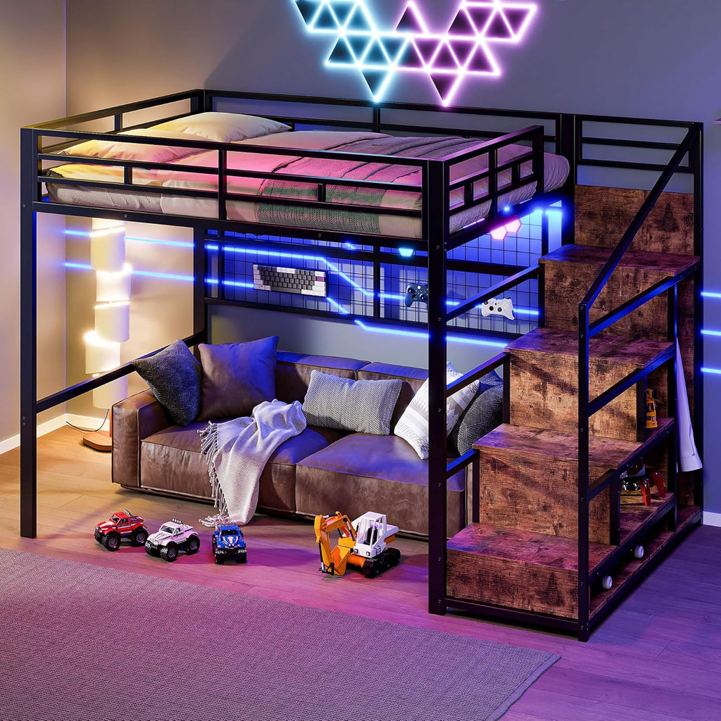 2026 Cama alta (140 x 200 cm), marco de hierro, armario, escalera de almacenamiento, rejilla para colgar objetos, espacio libre debajo de la cama, luces LED de 7 colores, sin colchón, color negro