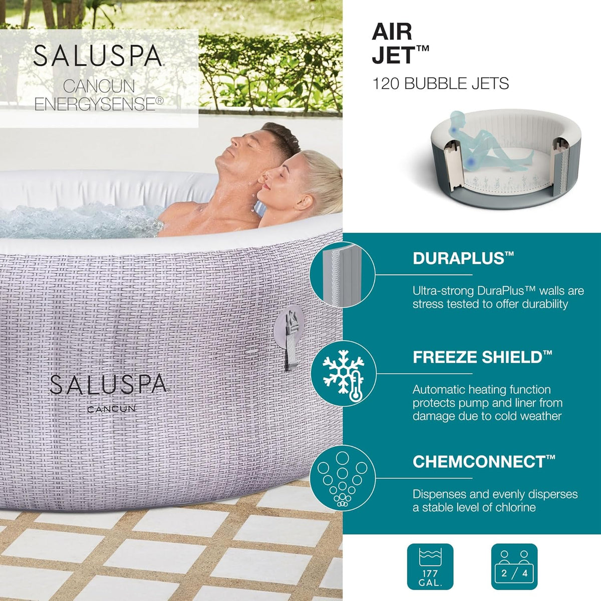 2026 Large Round 2 to 4 Person Inflatable Hot Tub Portable Outdoor Spa with 120 Airjets and Energysense Cover, Grey